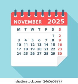 November 2025 Calendar Leaf - Illustration. Vector graphic page