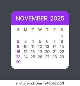 November 2025 Calendar Leaf - Illustration. Vector graphic page