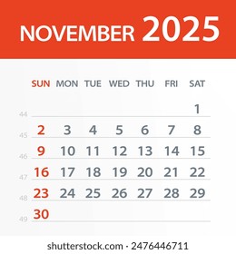 November 2025 Calendar Leaf - Illustration. Vector graphic page