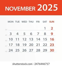 November 2025 Calendar Leaf - Illustration. Vector graphic page