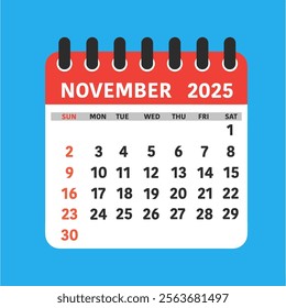 November 2025 Calendar Leaf. This flat-style calendar features a modern design showcasing the month of November 2025.