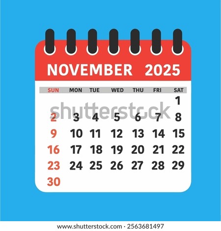November 2025 Calendar Leaf. This flat-style calendar features a modern design showcasing the month of November 2025.