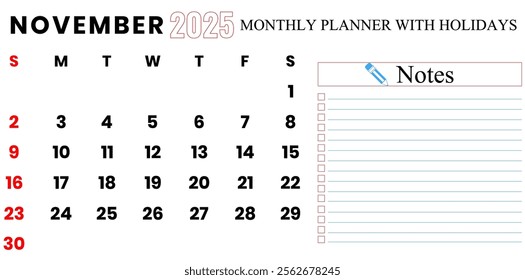 November 2025 Calendar, Monthly Planner With Holidays Vector Illustration.	