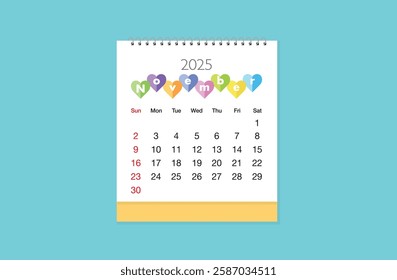 November 2025 Calendar on green color background. Date month of November  2025. Page of annual monthly calendar November  2025.