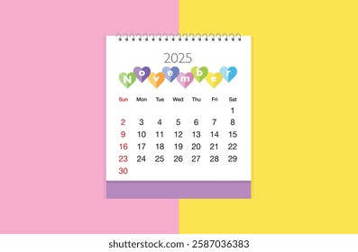 November 2025 Calendar on light pink and yellow color background. Date month of November  2025. Page of annual monthly calendar November  2025.