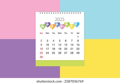 November 2025 Calendar on light pink blue sky purple and yellow color background. Date month of November  2025. Page of annual monthly calendar November  2025.