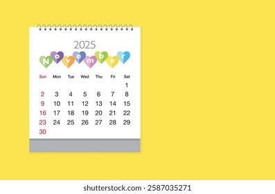November 2025 Calendar on yellow color background. Date month of November  2025. Page of annual monthly calendar November  2025.