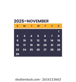 November  2025 calendar page on white background. Calendar background for reminder, business planning, appointment meeting and event.