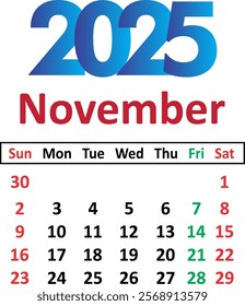 November 2025 Calendar Planner Template Page Monthly,  Vector layout of a wall or desk calendar with week start Saturday for printing. Monthly calendar template for 2025 year. Stationery Design Vector