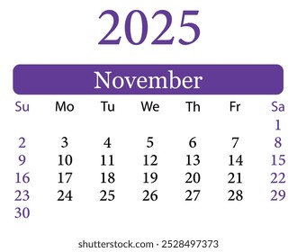 November 2025 Calendar Vector Illustration. Calendar November 2025. Planner vector design. Colorful calendar November 2025. Daily Planner