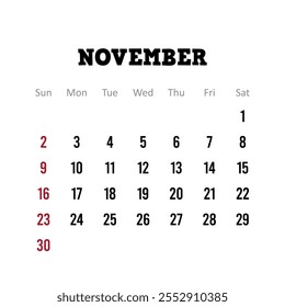 Vector del calendario de noviembre de 2025, diseño simple