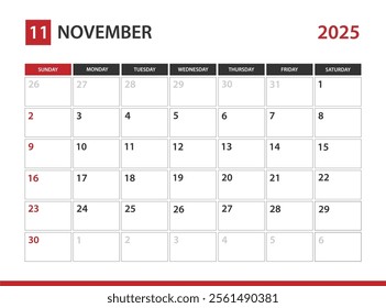 November 2025 Calendar , Week starts on Sunday 