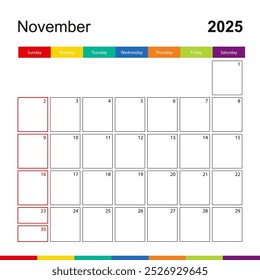 November 2025 colorful wall calendar, week starts on Sunday. 2025 Calendar template.