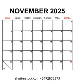 november 2025 with holydays or red dates. monthly calendar design with week starts on sunday. printable, simple, and clean vector design isolated on white background.