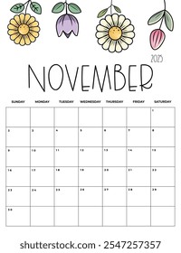 November 2025 Kids Calendar with Cute Floral Design