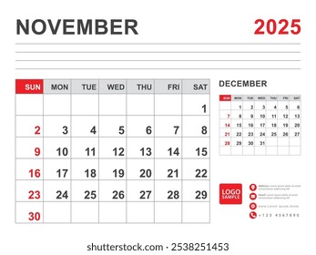 November 2025 layout, Calendar 2025 template, Printable minimalist monthly planner, Desk Calendar 2025 template, Wall calendar design, Week Start On Sunday, Stationery, printing, red color, vector
