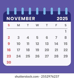 Novembro de 2025 calendário estilo carta com uma semana começando no domingo. Ideal para gerenciamento de tempo, planejamento e programação. Conceito de design plano com um layout mensal destacável. Ilustração vetorial.