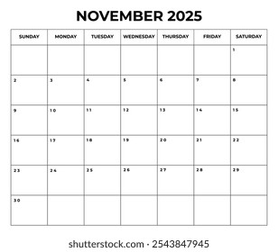 noviembre 2025 Diseño de calendario mensual con notas y la semana comienza desde el domingo