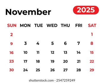 Noviembre 2025 Diseño de calendario mensual con aspecto limpio y la semana comienza desde el domingo