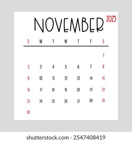 Noviembre 2025 Semana mensual de diseño del calendario comienza desde el domingo