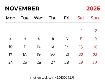 Noviembre 2025 Diseño mensual de calendario de oficina con aspecto limpio y la semana comienza desde el domingo