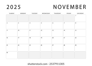 November 2025 monthly planner. Calendar template. Sunday start. Vector design