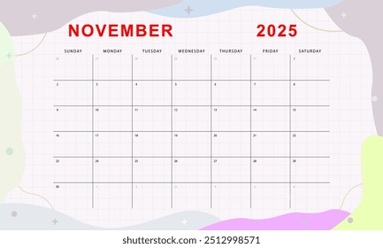 November 2025 monthly planner. Cute calendar template. Sunday start. Vector design