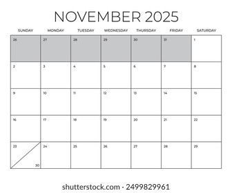 Calendario de oficina de noviembre de 2025, Plantilla de calendario en blanco, Planificador mensual de oficina en el hogar, Calendario de tamaño de carta