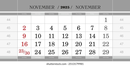 vierteljährlicher Kalenderblock November 2025. Wandkalender auf Englisch, Woche beginnt am Sonntag. Vektorgrafik.