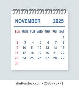 November 2025 tear off calendar page showing days and dates