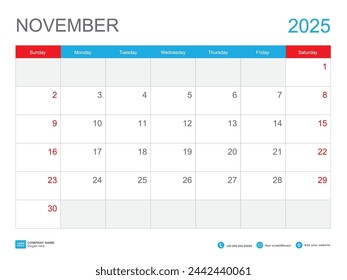 November 2025 template, Calendar 2025 design, Desk Calendar 2025 template, Planner simple, Week starts Sunday, Stationery, Wall calendar, printing, advertisement, vector illustration