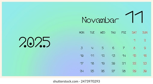 November 2025 template calendar. Trendy gradient background. The week begins on Monday. Ideal for planners, desk calendars, wall calendars, print media, advertisements, and office stationery