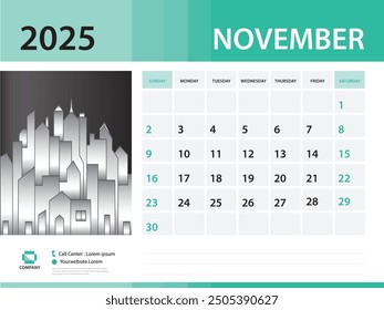 November 2025 year- Calendar 2025 template, Desk Calendar 2025 year, Week Start On Sunday, Wall calendar design, sample Planner, Stationery, Poster, printing media, green background