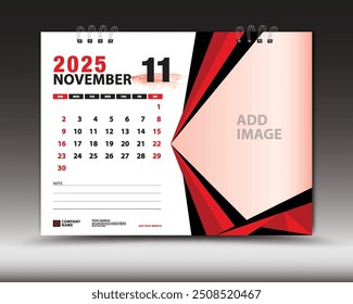 November 2025 year, Desk calendar 2025 template, Printable, Planner, Wall calendar design, Week starts on Sunday, Stationery design, Printing media, advertisement, calendar design vector illustration