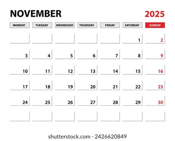 Plantilla de planificador de año de noviembre de 2025, plantilla de calendario 2025, planificadores mensuales y anuales. agenda del organizador. inicio de semana lunes, plantilla de planificador corporativo, calendario de escritorio 2025, diseño horizontal, vector