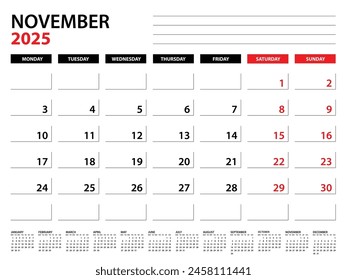 Plantilla del planificador anual de noviembre de 2025, Plantilla del calendario de 2025, planificadores mensuales y anuales. diario del organizador. inicio de la semana lunes, Plantilla del planificador corporativo, calendario del escritorio 2025, Ilustración vectorial