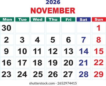 November 2026 calendar layout, editable printable monthly planner with color-coded weekend highlights