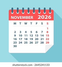 November 2026 Calendar Leaf - Illustration. Vector graphic page
