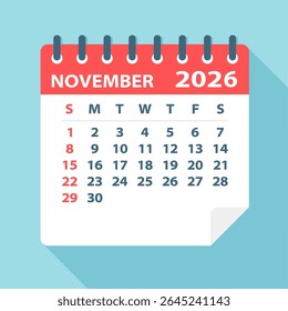 November 2026 Calendar Leaf - Illustration. Vector graphic page