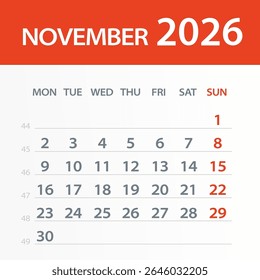 November 2026 Calendar Leaf - Illustration. Vector graphic page