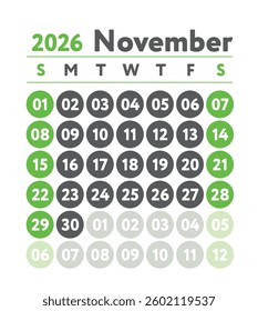 November 2026 calendar. New year planner design. English calender. Green color vector template. Week starts on Sunday. Business planning. 