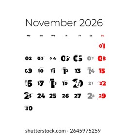 November 2026 calendar. The week starts on Monday, vector