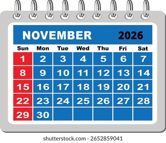 Página do calendário mensal de novembro de 2026, design vermelho e azul vetorial, layout de planejador plano para uso impresso ou digital