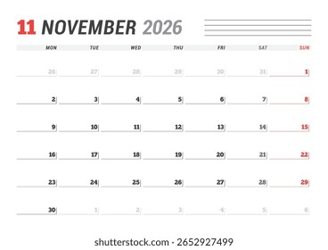 November 2026 Monthly Calendar Template strengthens team structure with minimalist blank lines, perfect for managing tasks and planning flows in office setups, vector illustration