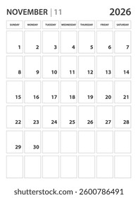 November 2026 year planner template. calendar 2026 year. Black and white monthly and yearly planners. Business planner minimal concept. Desk calendar 2026 year. Week Starts on Sunday, wall calendar.