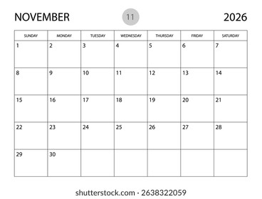 November 2026 year planner template, calendar 2026 template, monthly and yearly planners. organizer diary. week start Sunday, corporate planner template, Desk calendar 2026 year, Vector illustration