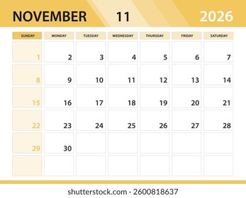 November 2026 year template, Calendar 2026 design vector, Desk calendar 2026, planner monthly design, Wall calendar, Minimal style, poster, Week Starts on Sunday, printing media, yellow background