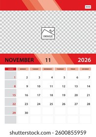 November 2026 year template, Calendar 2026 design vector, Desk calendar 2026, planner monthly design, Wall calendar, Vertical poster template, Week Starts on Sunday, printing media, red background