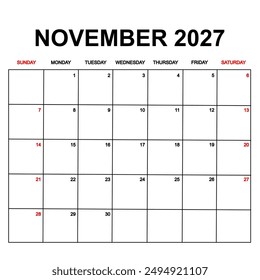 november 2027 calendar with holydays or red dates. monthly calendar design with week starts on sunday. printable, simple, and clean vector design isolated on white background.