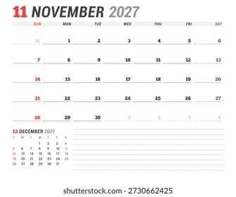 November 2027 calendar planner template. Week starts on Monday. Modern and clean design for business planning and organization. Vector illustration for a printable schedule layout
